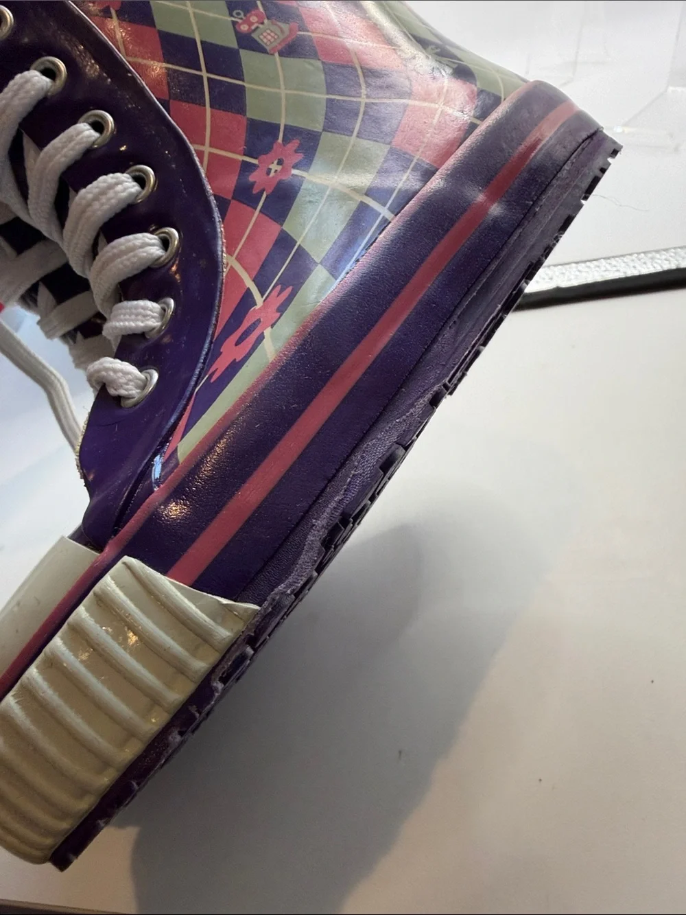 Dav Kids Purple Argyle Lace-Up Rubber Rain Boots Size 11C Retro